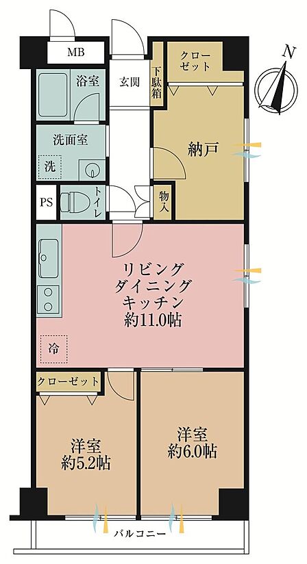 2LDK+S、専有面積62.34?、バルコニー面積5.15?