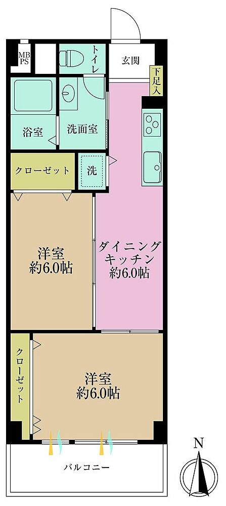 2DK、専有面積46.8?、バルコニー面積4.5?