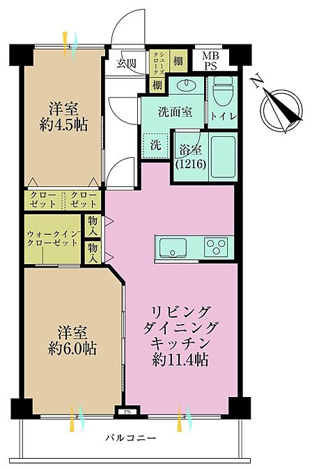 2LDK、専有面積51.15?、バルコニー面積6.05?
