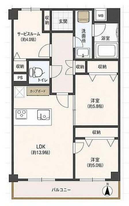 南側バルコニーで明るく風通しの良い室内。全居室収納完備で室内の荷物もすっきり片付きます。