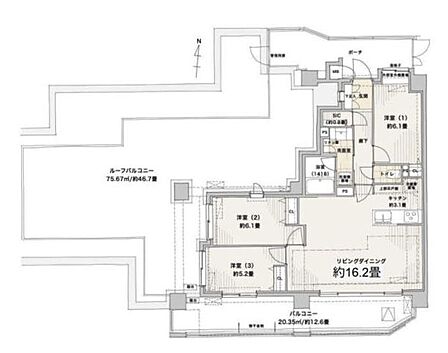 75.67m2の広々ルーフバルコニー付。南西角部屋で陽当たり・通風良好。全居室収納ありで生活スペースをすっきり保てます。