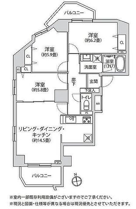 角部屋につき明るく風通しの良い室内。各所に収納を設けており荷物が多い方も安心です。