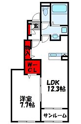 JR香椎線 新原駅 徒歩17分の賃貸アパート 1階1LDKの間取り