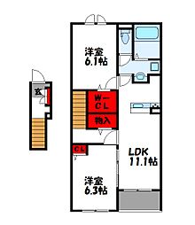 JR香椎線 新原駅 徒歩17分の賃貸アパート 2階2LDKの間取り