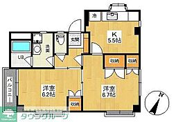 西武新宿線 狭山市駅 徒歩7分の賃貸マンション 2階2Kの間取り