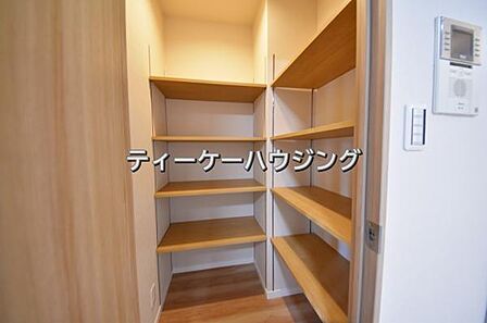 ゆとりの広さを備えた大型収納。キッチン脇に設置された大型のパントリーとしても利用できそうです。