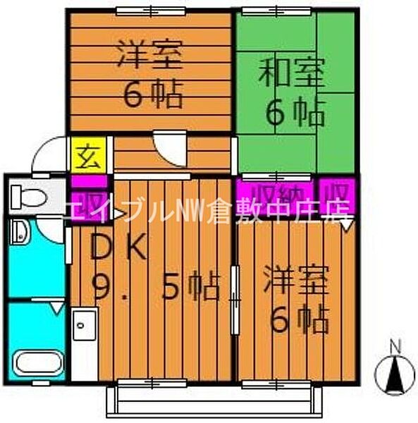 サンビレッジ新田　Ｂ棟 ｜岡山県倉敷市新田(賃貸アパート3DK・2階・60.35㎡)の写真 その2