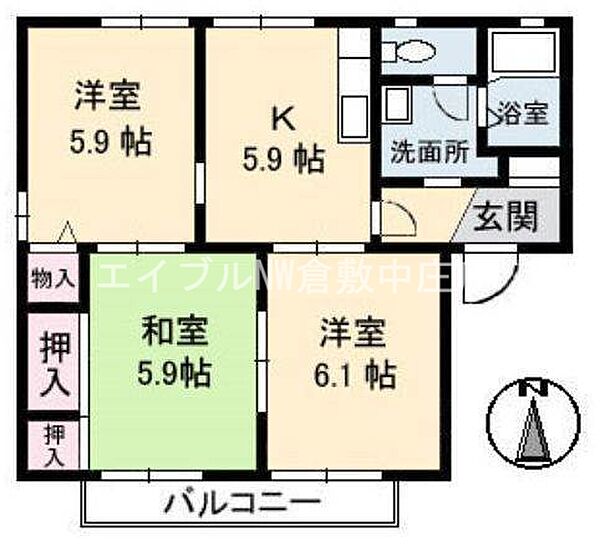 ノーブルパレス大山　Ａ棟 ｜岡山県倉敷市田ノ上(賃貸アパート3K・2階・53.32㎡)の写真 その2