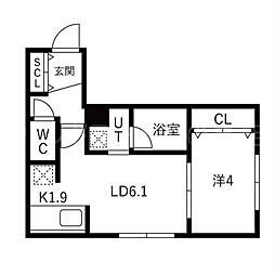 プリヴィレ中の島 1LDKの間取図画像