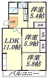 県公社北浦和住宅3号棟 3LDKの間取図画像