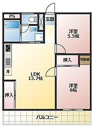 リブロハイツ北安東 3階2LDKの間取り