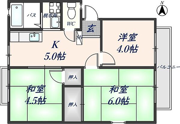 アーバン鷹野　西 201｜大阪府八尾市荘内町1丁目(賃貸アパート3K・2階・44.89㎡)の写真 その2