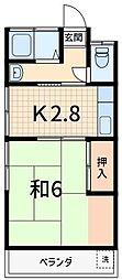 第2若葉荘 1Kの間取図画像