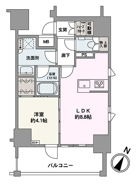 1人暮らしの方におすすめの1LDK。LDKは開放的な2面採光設計。洋室約4.1帖は、コンパクトながらも収納が備えられ、空間を有効に活用できます。シューズクロークやリネン庫など、随所に収納有。