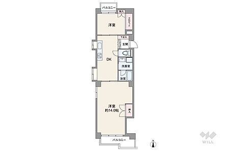 間取りは専有面積62.93平米の2DK。センターリビングのプラン。バルコニー面積は7.96平米です。
