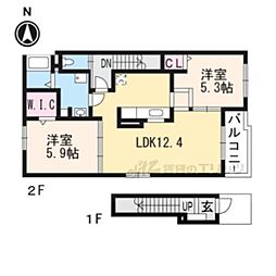 京都地下鉄東西線 石田駅 徒歩21分の賃貸アパート 2階2LDKの間取り