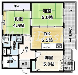 宇治おぐら住宅3棟 3DKの間取図画像