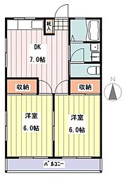 シオダハイツB号棟 2DKの間取図画像