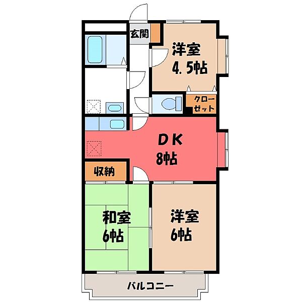 栃木県栃木市平柳町1丁目(賃貸マンション3DK・2階・60.13㎡)の写真 その2