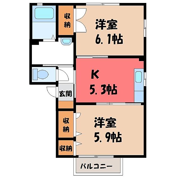 茨城県古河市駒羽根(賃貸アパート2K・1階・42.70㎡)の写真 その2