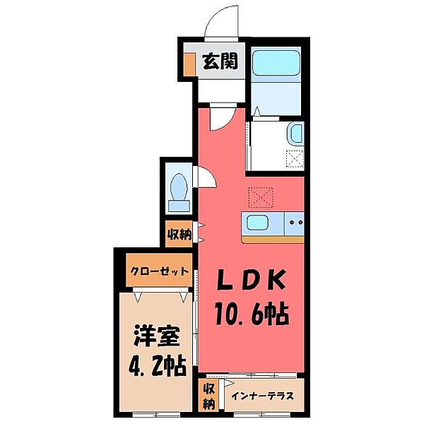 栃木県小山市城西1丁目(賃貸アパート1LDK・1階・42.15㎡)の写真 その2