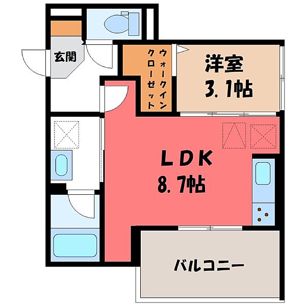 栃木県小山市駅東通り2丁目(賃貸アパート1LDK・1階・32.00㎡)の写真 その2