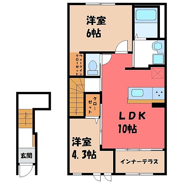 栃木県栃木市平柳町1丁目(賃貸アパート2LDK・2階・53.90㎡)の写真 その2