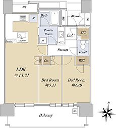 プレサンスタワー久屋大通ザ・レジデンス 6階2LDKの間取り