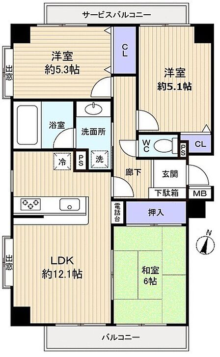 主要採光面南の角部屋 専有面積約64.92?