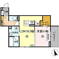 One wide 祇園 2階1LDKの間取り