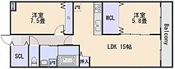 クレスト山本I 2LDKの間取図画像