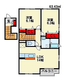 タウンコート学研台 2LDKの間取図画像