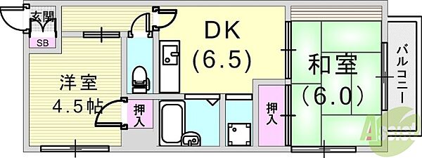 ブルドッグ 301｜兵庫県神戸市東灘区岡本3丁目(賃貸マンション2DK・3階・39.60㎡)の写真 その2