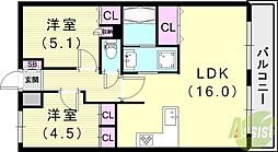 芦屋パインクレスト 2LDKの間取図画像