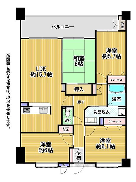 LDKと和室が隣接、ライフスタイルに合わせた空間利用が可能です。各居室に収納があり、すっきり暮らせます。