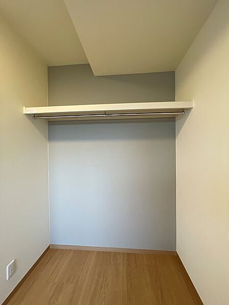衣類をすっきり収納できるクローゼット。上部の棚とハンガーパイプで、空間を有効活用できます。
