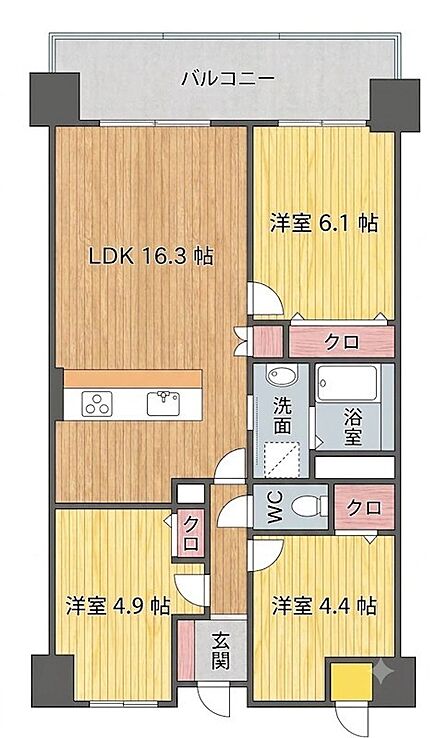 約16帖の広々LDKが魅力の3LDK間取り。各洋室に収納を備え、バルコニーも配置された使いやすい空間です。