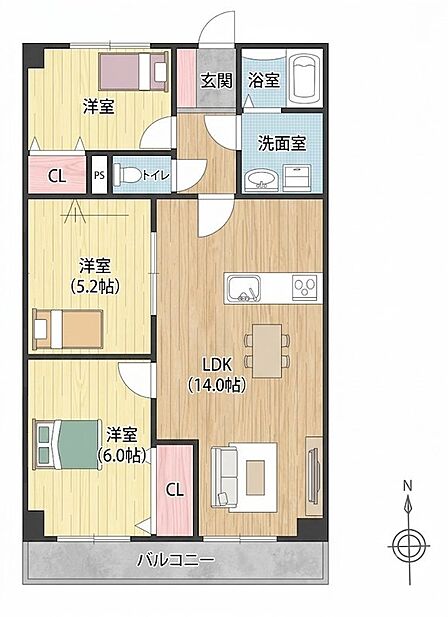 3洋室+広々14帖LDKの間取りです。全居室に収納スペースを完備。バルコニーで日差しを浴びながらくつろぐ時間も楽しめます。