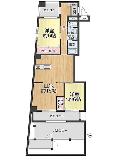 約15帖のLDKと2つの洋室を備えた2LDKの間取りです。各洋室に収納、複数バルコニーがあり、住空間を広く使えます。