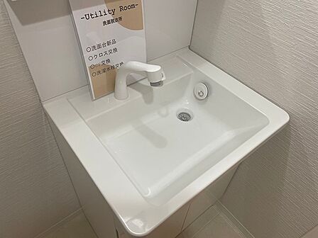 新品の洗面台と洗濯水栓が設けられ、清潔感あふれる洗面脱衣所。毎日の身支度を快適にサポートします。