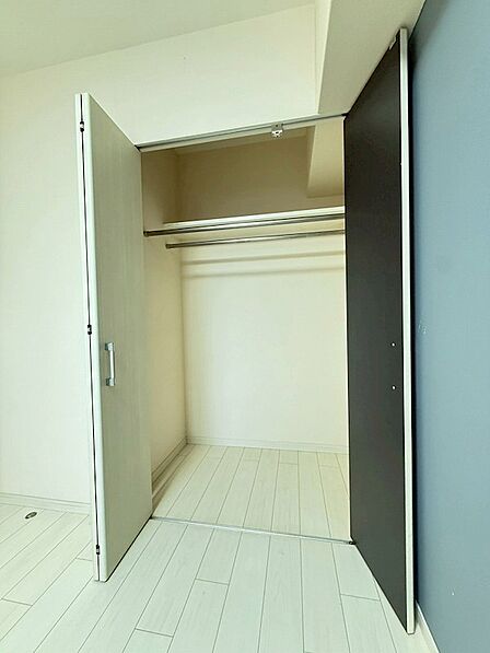 広々としたクローゼットで、丈の長い衣類もすっきり収納可能。ハンガーパイプも2段あり、衣替えもスムーズです。