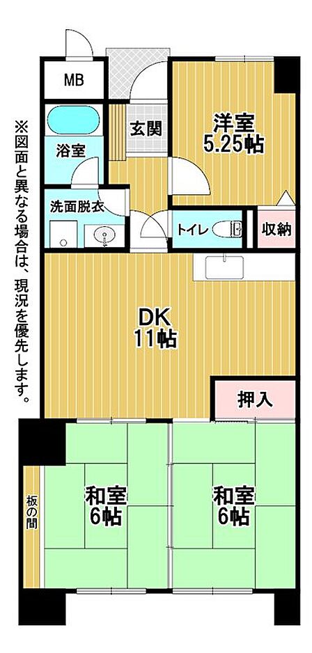 3DKの間取りは、プライベート空間と共有空間のバランスが取れています。DK11帖は広々としており、各居室に収納があるのも魅力です。