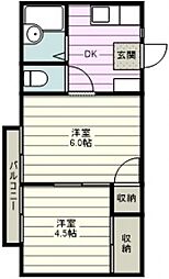 カスヤハイツB 2DKの間取図画像