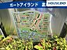 周辺：ポートアイランド案内図。公園や広場（複数）があり緑豊か。ゴミ置き場も複数有り。ポートアイランド住宅41〜49号棟（分譲）、ポートアイランド団地50〜59号棟（賃貸）。