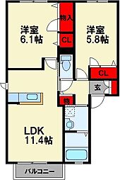 カーサシェルテッツァ 2LDKの間取図画像