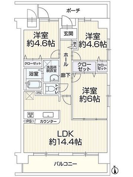間取りゆとりある室内空間です。主要採光面が南向きで、1日を通して日当たり良好です。