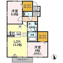 マイカーサB棟 1階2LDKの間取り