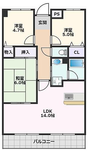 ヴィオラ千里 203｜大阪府吹田市佐井寺南が丘(賃貸マンション3LDK・2階・66.74㎡)の写真 その2