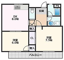 千里パークサイドテラス 3階2DKの間取り