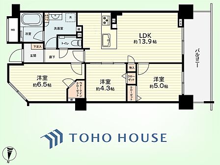 3LDK　専有面積65.81平米、バルコニー面積11.10平米
